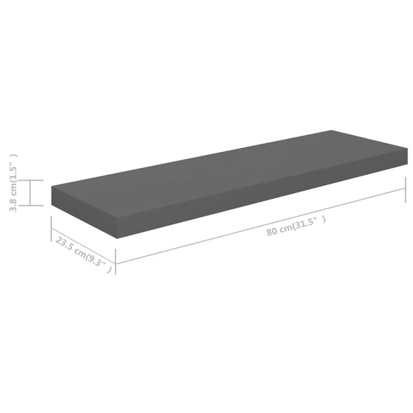 Floating 2 Pcs High Gloss Grey 80X23.5X3.8 Cm Mdf Wall Shelves