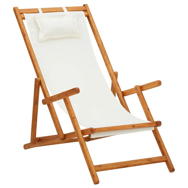 Folding Beach Chair Solid Eucalyptus Wood And Fabric Cream Patio Chairs
