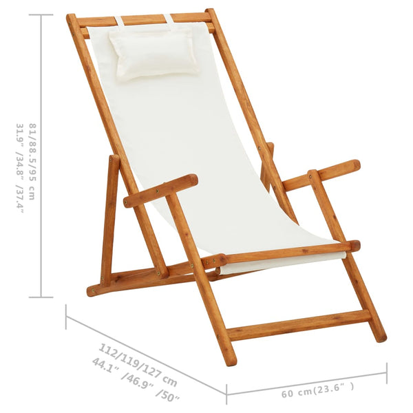 Folding Beach Chair Solid Eucalyptus Wood And Fabric Cream Patio Chairs