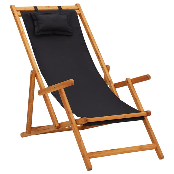 Folding Beach Chair Solid Eucalyptus Wood And Fabric Black Patio Chairs