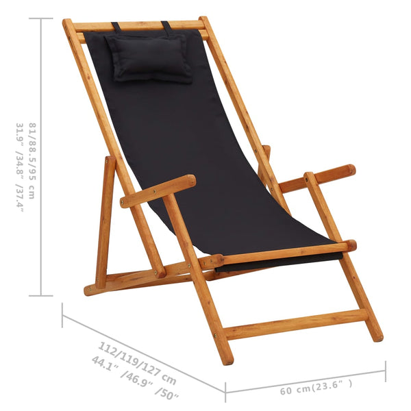 Folding Beach Chair Solid Eucalyptus Wood And Fabric Black Patio Chairs