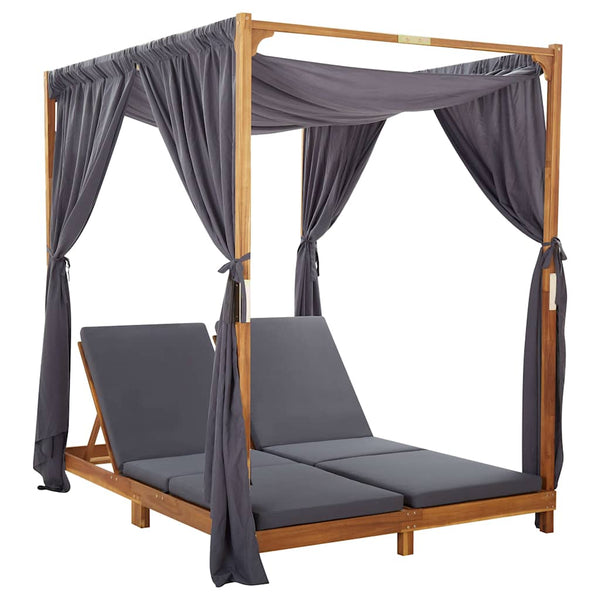 Vidaxl Double Sun Lounger With Curtains & Cushions Solid Acacia Wood Other Patio & Garden Furniture