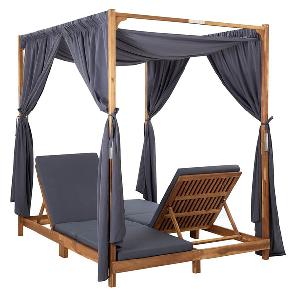 Vidaxl Double Sun Lounger With Curtains & Cushions Solid Acacia Wood Other Patio & Garden Furniture