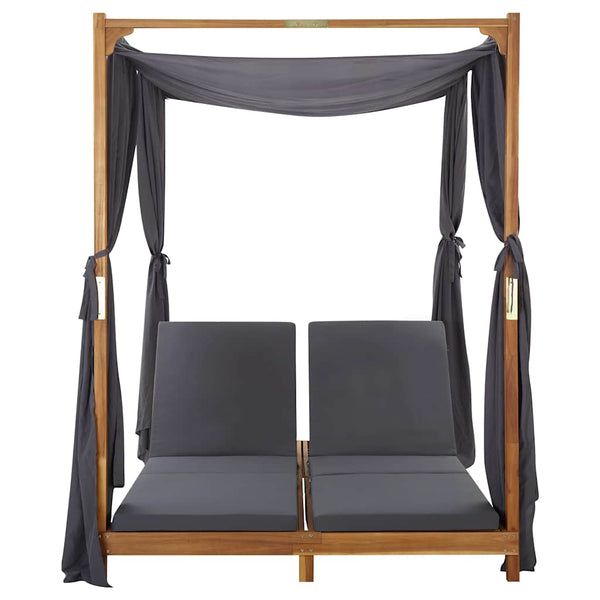 Vidaxl Double Sun Lounger With Curtains & Cushions Solid Acacia Wood Other Patio & Garden Furniture