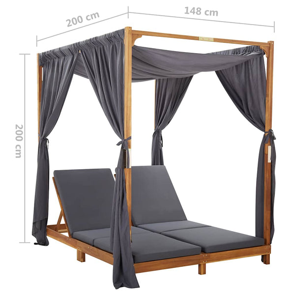Vidaxl Double Sun Lounger With Curtains & Cushions Solid Acacia Wood Other Patio & Garden Furniture