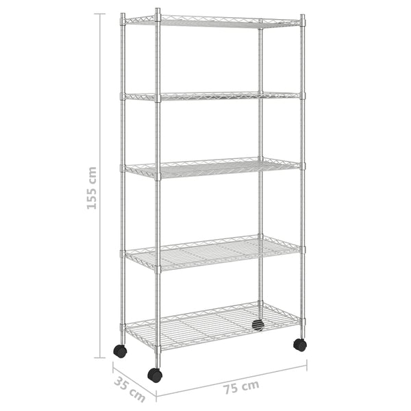Vidaxl 5 Tier Storage Shelf With Wheels 75X35x155 Cm Chrome 250 Kg Storage Units