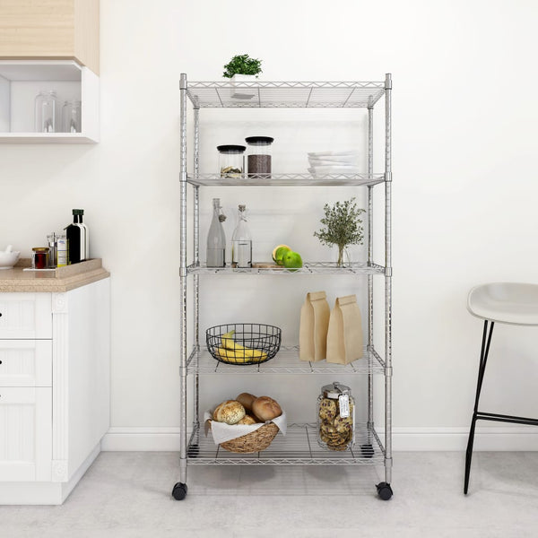 Vidaxl 5 Tier Storage Shelf With Wheels 75X35x155 Cm Chrome 250 Kg Storage Units