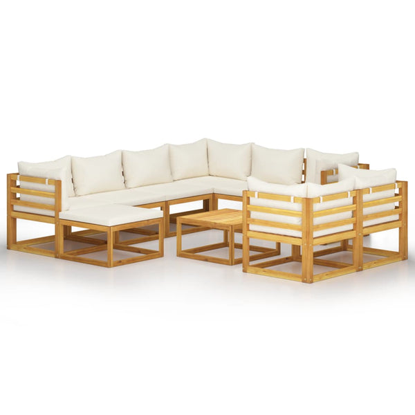 10 Piece Garden Lounge Set With Cushion Cream Solid Acacia Wood Patio Furniture Sets