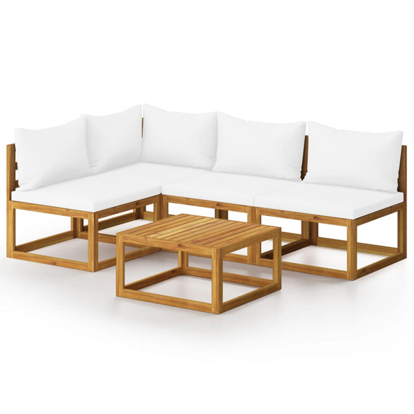 5 Piece Garden Lounge Set With Cushion Cream Solid Acacia Wood Patio Furniture Sets