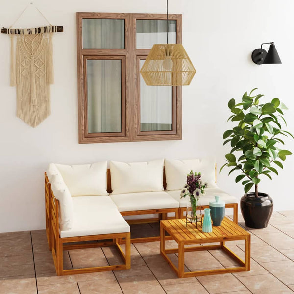5 Piece Garden Lounge Set With Cushion Cream Solid Acacia Wood Patio Furniture Sets