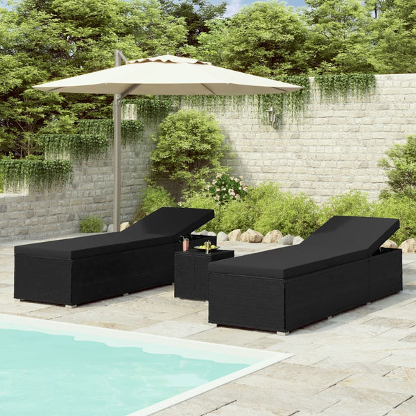 3 Piece Garden Sun With Tea Table Poly Rattan Black Loungers