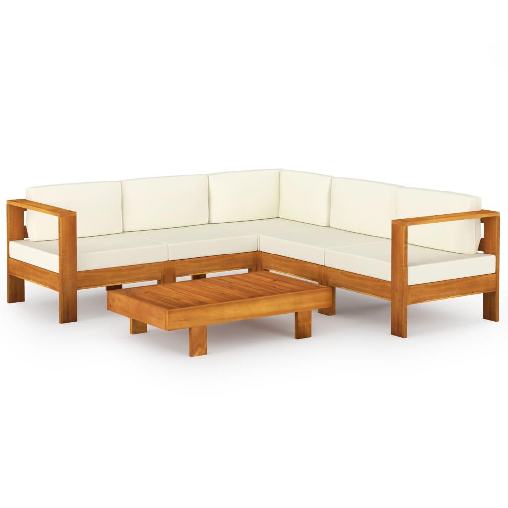 6 Piece Garden Lounge Set With Cream White Cushions Acacia Wood Patio Furniture Sets