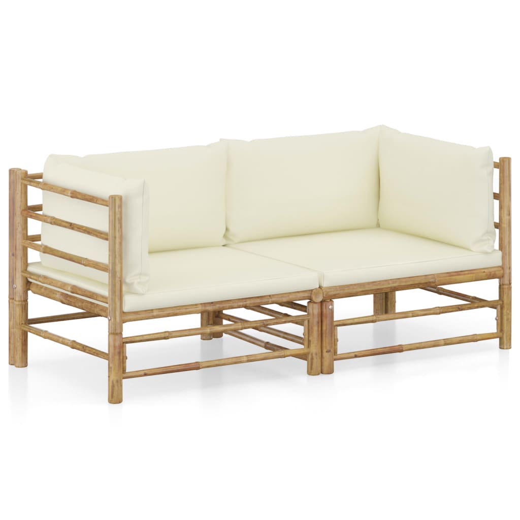 2 Piece Garden Lounge Set With Cream White Cushions Bamboo Patio Furniture Sets