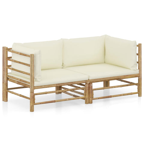2 Piece Garden Lounge Set With Cream White Cushions Bamboo Patio Furniture Sets