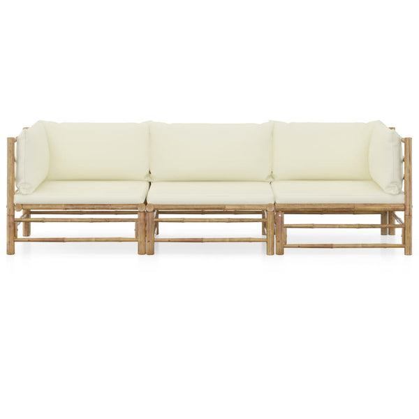 3 Piece Garden Lounge Set With Cream White Cushions Bamboo Patio Furniture Sets
