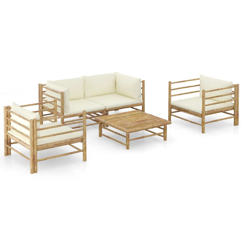 5 Piece Garden Lounge Set With Cream White Cushions Bamboo Patio Furniture Sets