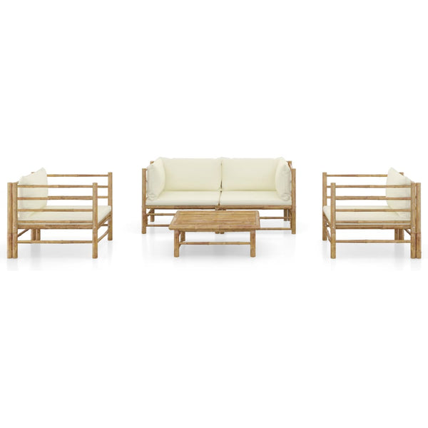 5 Piece Garden Lounge Set With Cream White Cushions Bamboo Patio Furniture Sets