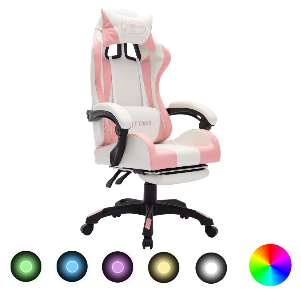 Racing Chair With Rgb Led Lights Pink And White Faux Leather Office Chairs