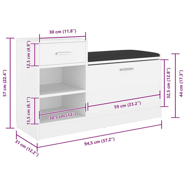 Vidaxl Shoe Bench White 94.5X31x57 Cm Engineered Wood Benches
