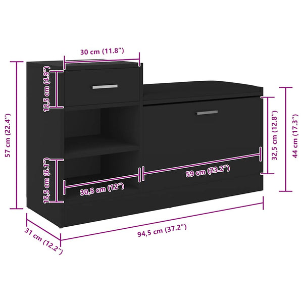 Vidaxl Shoe Bench Black 94.5X31x57 Cm Engineered Wood Benches