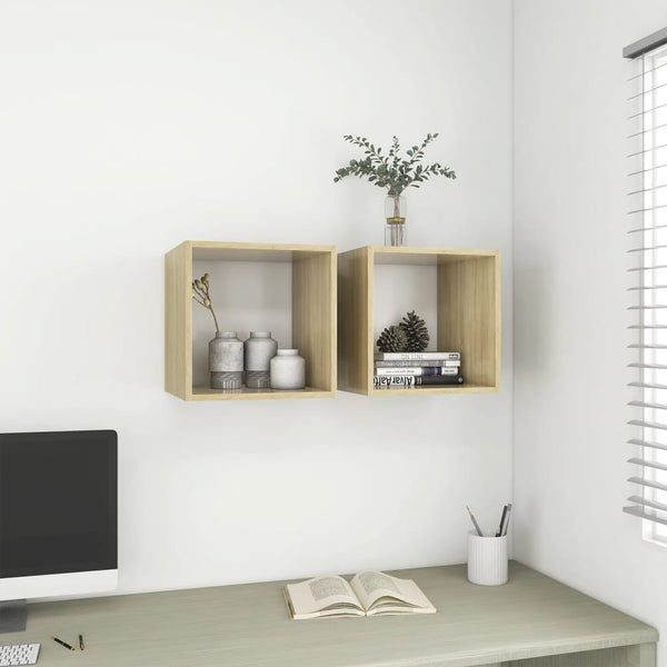 Wall Cabinet White And Sonoma Oak 37X37x37 Cm Engineered Wood Bookshelves