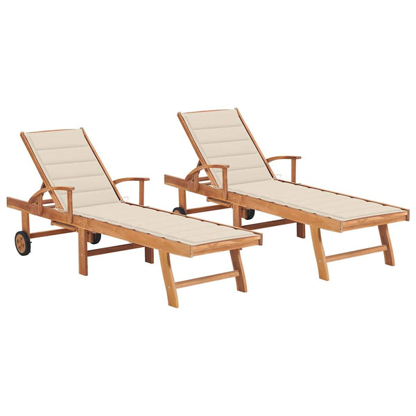 Vidaxl Sun 2 Pcs With Cream Cushion Solid Teak Wood Loungers