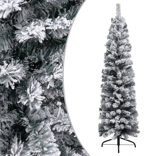 Vidaxl Slim Pre Lit Christmas Tree With Flocked Snow Green 240 Cm Pvc Seasonal Decorations
