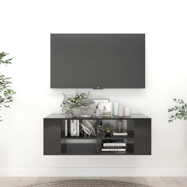 Wall Mounted Tv Cabinet High Gloss Black 102X35x35 Cm Engineered Wood Bookshelves