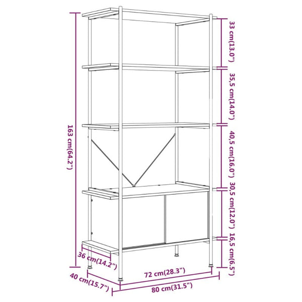 Vidaxl 5 Tier Shelving Unit With Cabinet 80X40x163 Cm Steel And Engineered Wood Bookshelves