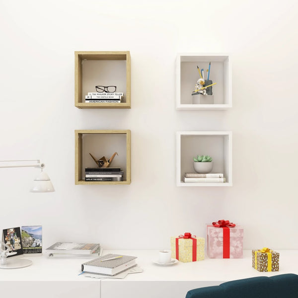Wall Cube Shelves 4 Pcs White And Sonoma Oak 26X15x26 Cm Wall Shelves