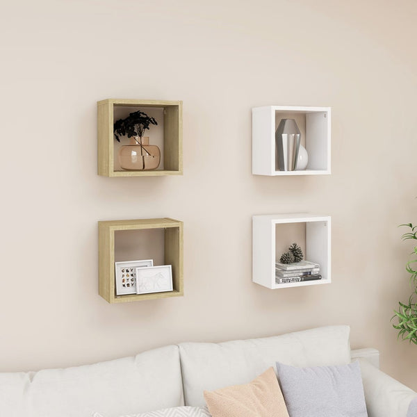 Wall Cube Shelves 4 Pcs White And Sonoma Oak 26X15x26 Cm Wall Shelves