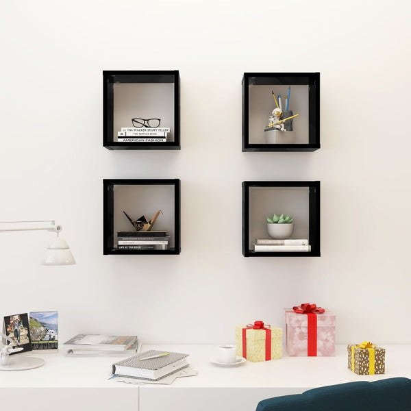 Wall Cube Shelves 4 Pcs High Gloss Black 26X15x26 Cm Wall Shelves