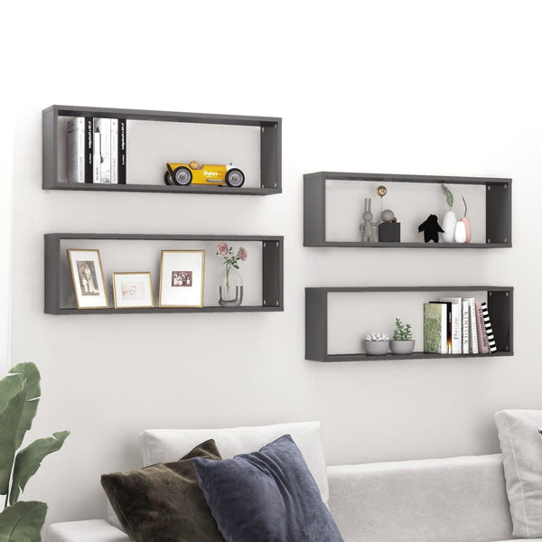 Wall Cube Shelves 4 Pcs High Gloss Grey 80X15x26.5 Cm Engineered Wood Wall Shelves