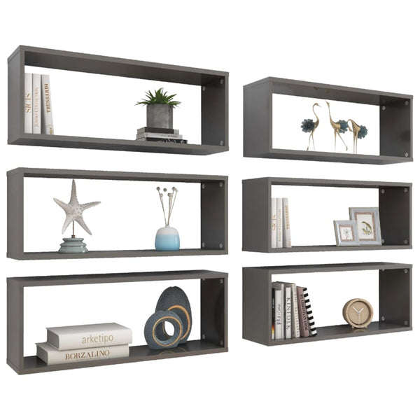 Wall Cube Shelves 6 Pcs High Gloss Grey 60X15x23 Cm Engineered Wood Wall Shelves