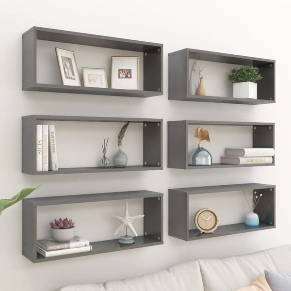 Wall Cube Shelves 6 Pcs High Gloss Grey 60X15x23 Cm Engineered Wood Wall Shelves