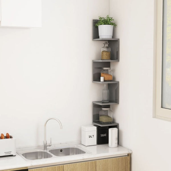 Wall Corner Shelf High Gloss Grey 20X20x127.5 Cm Engineered Wood Bookshelves