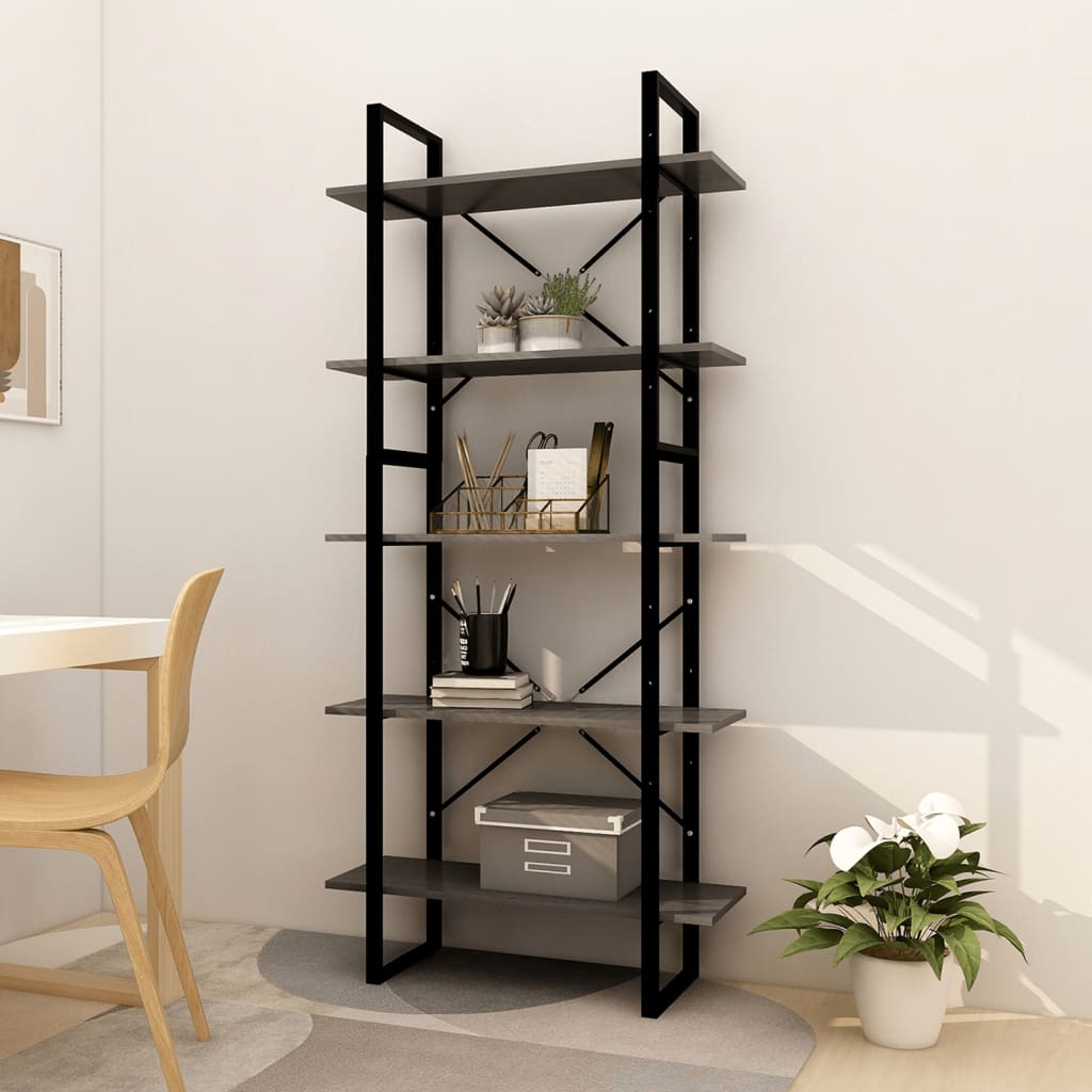 5 Tier Book Cabinet Grey 80X30x175 Cm Pinewood Bookshelves