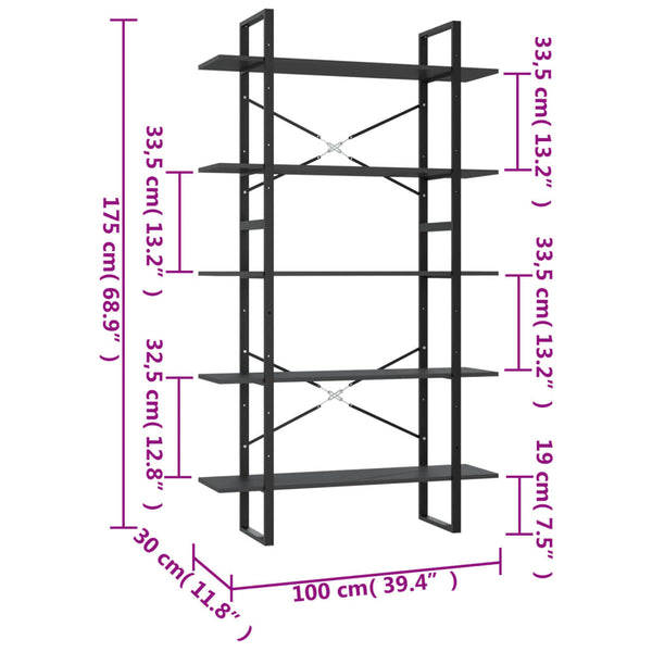 Grey 5 Tier Book Cabinet Set 100X30x175 Cm Engineered Wood Bookshelves