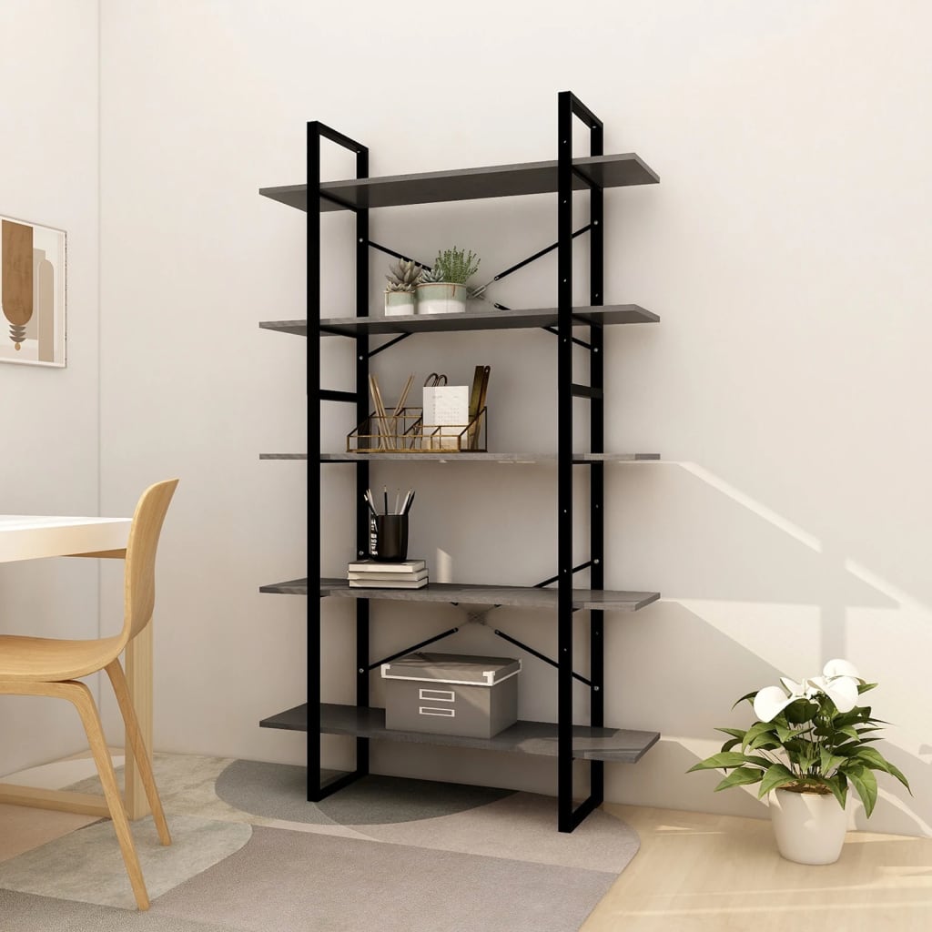5 Tier Book Cabinet Grey 100X30x175 Cm Pinewood Bookshelves