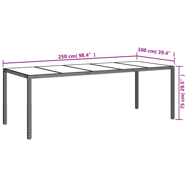 Garden Table Grey 250X100x75 Cm Tempered Glass And Poly Rattan Patio & Garden Tables