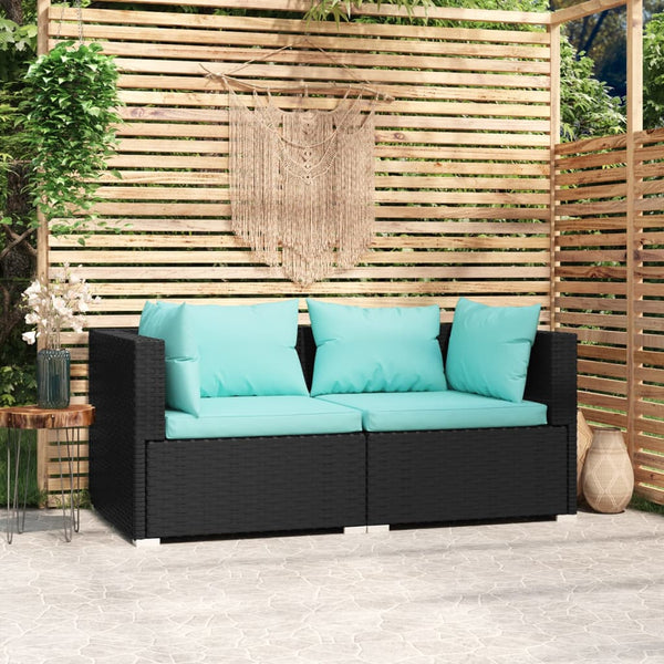 2 Seater Sofa With Cushions Black Poly Rattan Patio Chairs