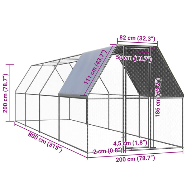 Vidaxl Outdoor Chicken Cage 2X8x2 M Galvanised Steel Small Animal Cages & Hutches