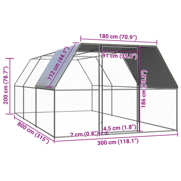 Vidaxl Outdoor Chicken Cage 3X8x2 M Galvanised Steel Poultry Cages