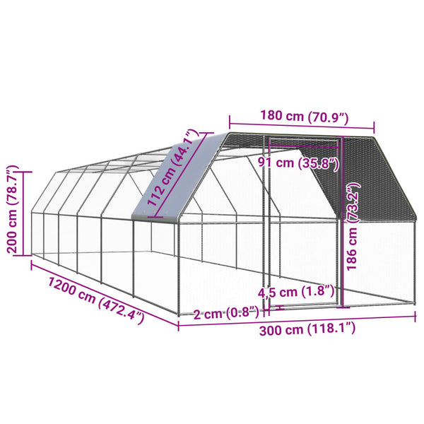 Outdoor Chicken Cage 3X12x2 M Galvanised Steel Small Animal Cages & Hutches