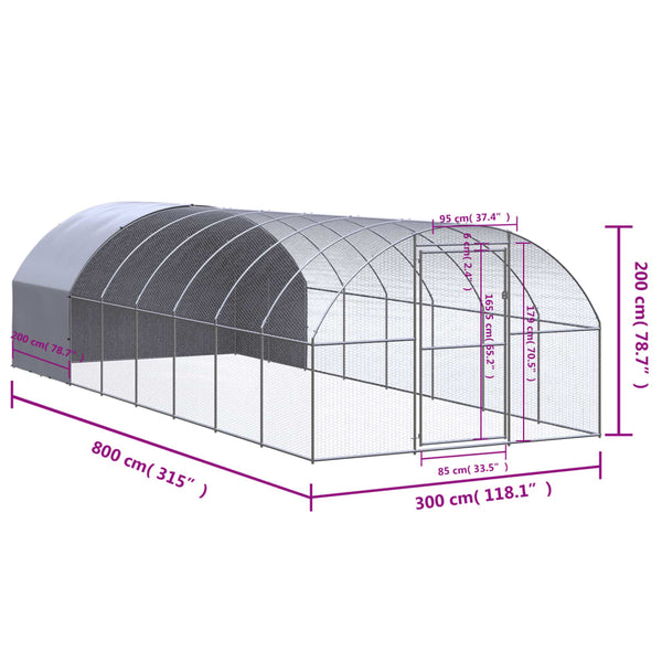 Vidaxl Outdoor Chicken Coop 3X8x2 M Galvanised Steel Small Animal Cages & Hutches