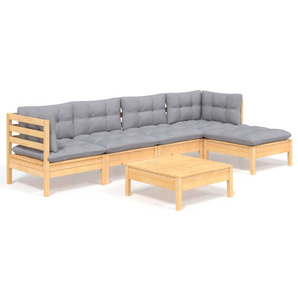 6 Piece Pinewood Garden Lounge Set With Grey Cushions Loungers