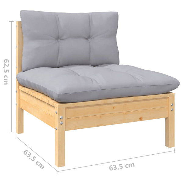 6 Piece Pinewood Garden Lounge Set With Grey Cushions Loungers
