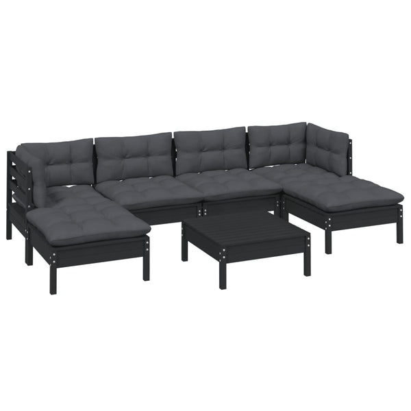 7 Piece Garden Lounge Set With Cushions Black Pinewood Patio Furniture Sets