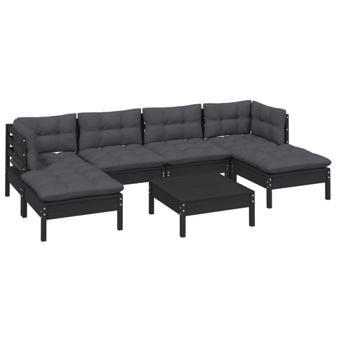 7 Piece Garden Lounge Set With Cushions Black Pinewood Patio Furniture Sets