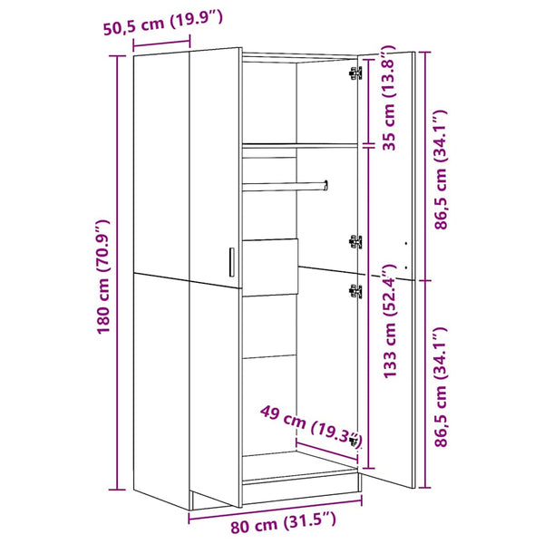 Vidaxl Wardrobe Grey Sonoma 80X52x180 Cm Engineered Wood Wardrobes